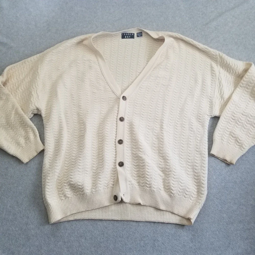 Vintage Trader Bay Cardigan Mens Extra Large Cream Knit Made in USA 90s Sweater